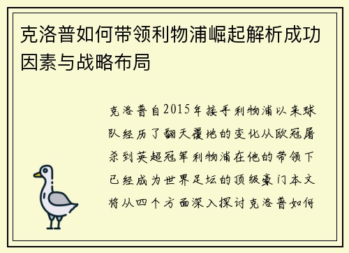 克洛普如何带领利物浦崛起解析成功因素与战略布局
